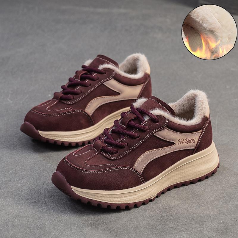Johnature Genuine Leather Sneakers Plush Warm Cotton Shoes Retro Versatile Casual Women's Shoes