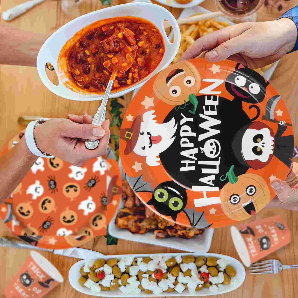 Hemoton Halloween Tableware Set Party Celebration Supplies Set 24 Paper Plates 48 Napkins and 24 Cups Tableware Kit