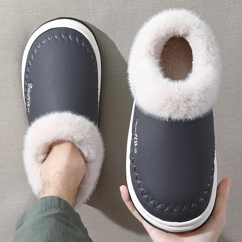 Pu Waterproof Cotton Slippers Winter Indoor Home Household Plush Warm and Non-slip Winter Cotton Shoes
