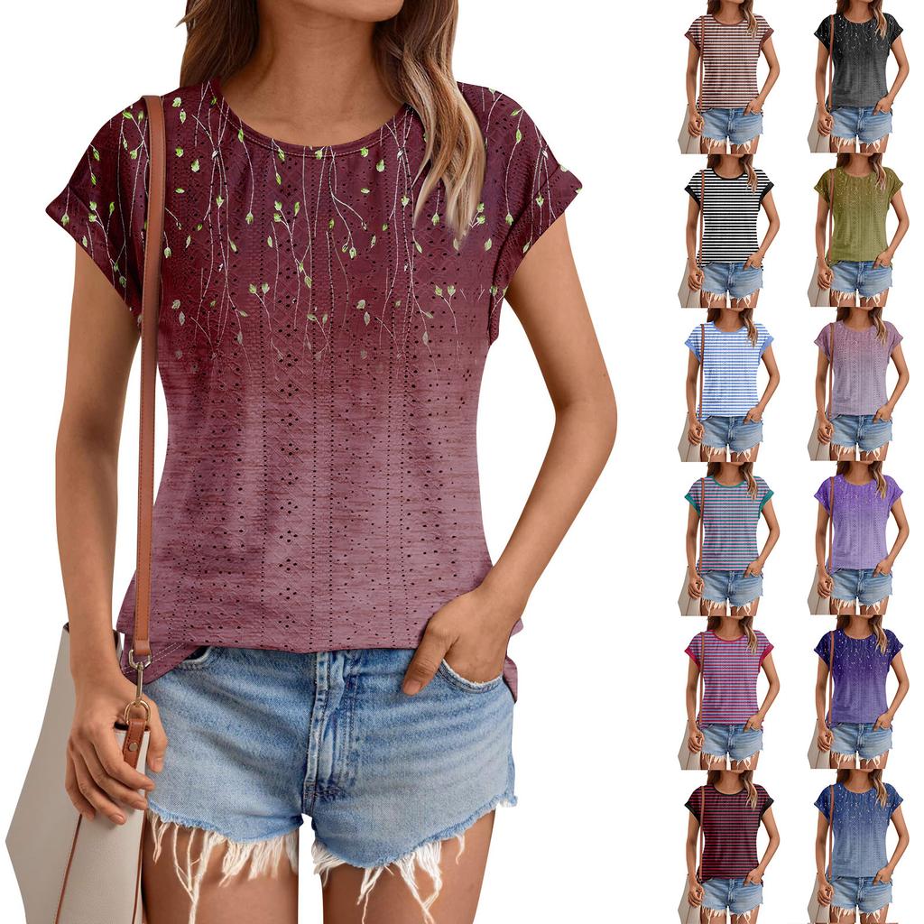 Tops de Mujer Camisetas de Manga Corta Estampado Blusa Elegante Casual Bordado de Ojales Ropa de Moda de Verano