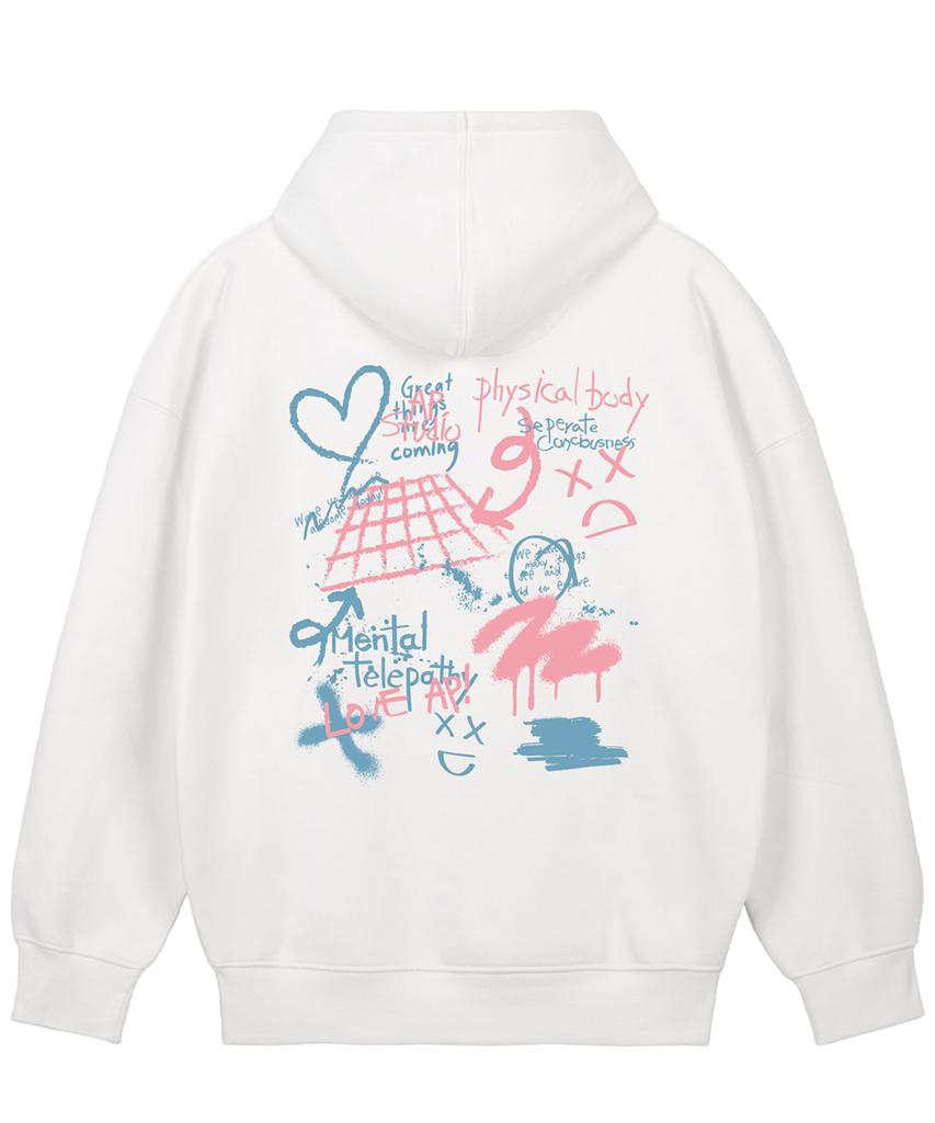 Graffiti Oversized Wide Shoulder Hoodie_White