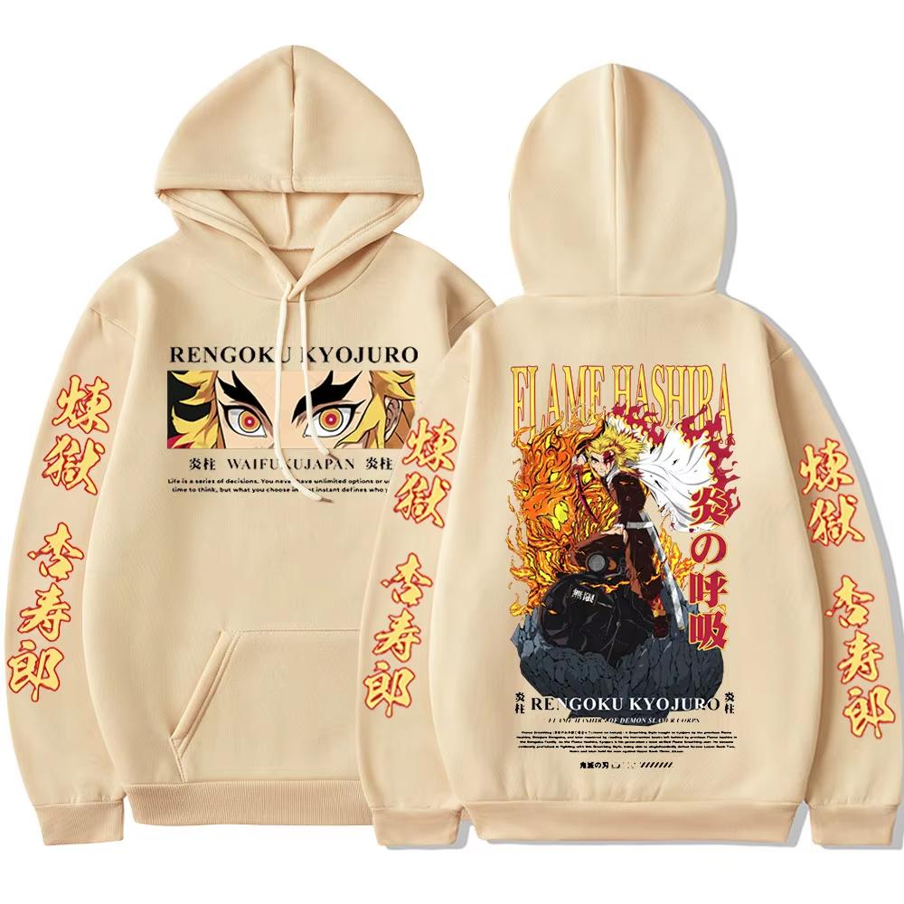 Harajuku Anime Demon Slayer Rengoku Kyoujurou Graphic Printed Hooded Men Women Hoodies Casual Loose Streetwear Sweatshirt