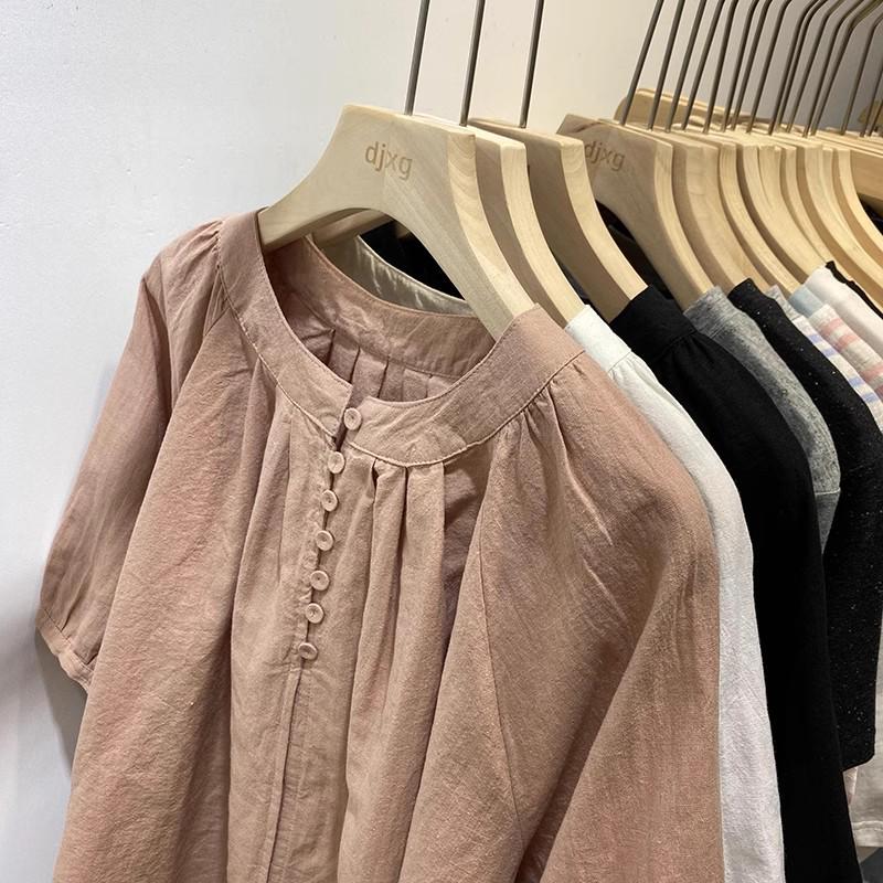 Korean Style Retro Stand Collar Loose Fit Short Sleeve Women's Doll Shirt