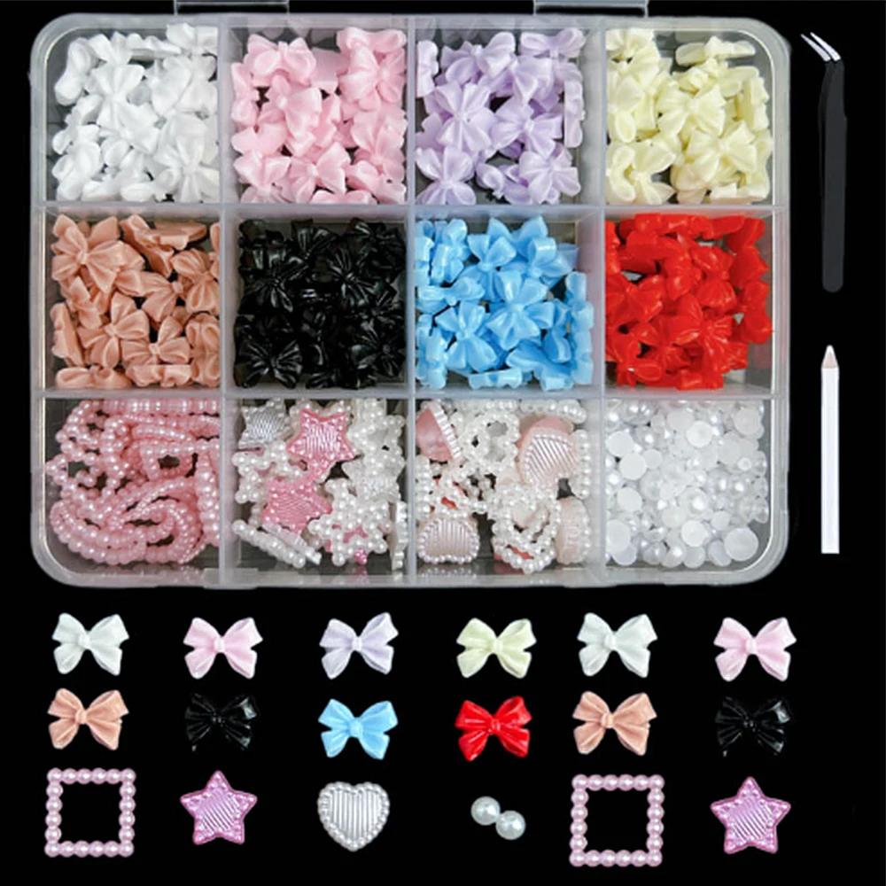 12Grids/Box Mixed Resin Bowknot Nail Charms 3D Colorful Bow Kawaii Rhinestone Nail Art Decorations DIY Manicure Parts Pen Tweeze