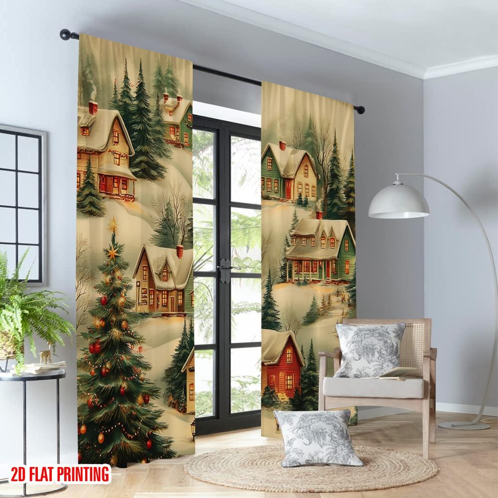 2pcs 2D flat printing Merry Christmas Trendy Curtains Cozy Snow Village Houses Digital Printed Polyester Drapes Family Party Use