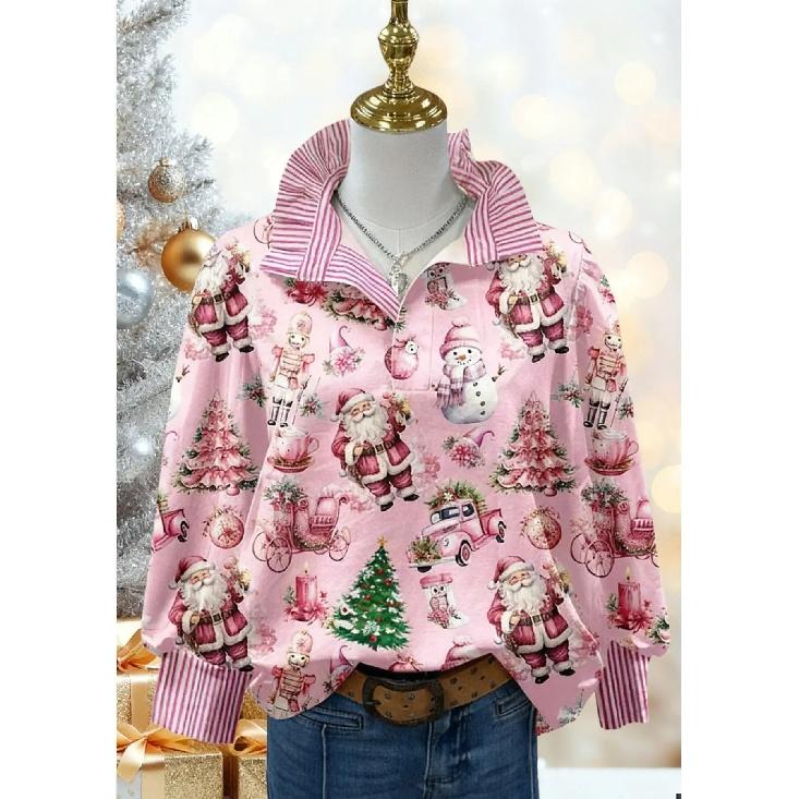 Women's Retro Christmas Pattern Blouse - Turn-Down Collar Long Sleeve, Loose Casual Silhouette, Festive Gift Tree Print Top Suitable for Fall/Winter