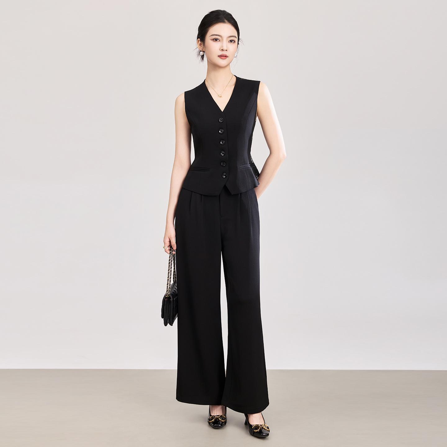 

Professional Patchwork Lace Vest & Wide-Leg Pants Set for Women Extra Large чёрный