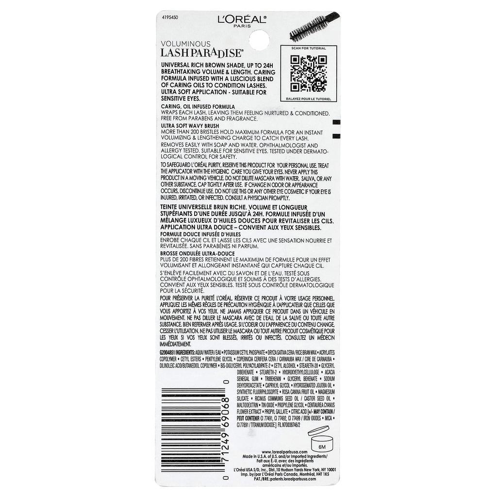 L'Oréal, Voluminous Lash Paradise Mascara, 224 Latte Brown, 8.5 Ml (0.28 Fl Oz)