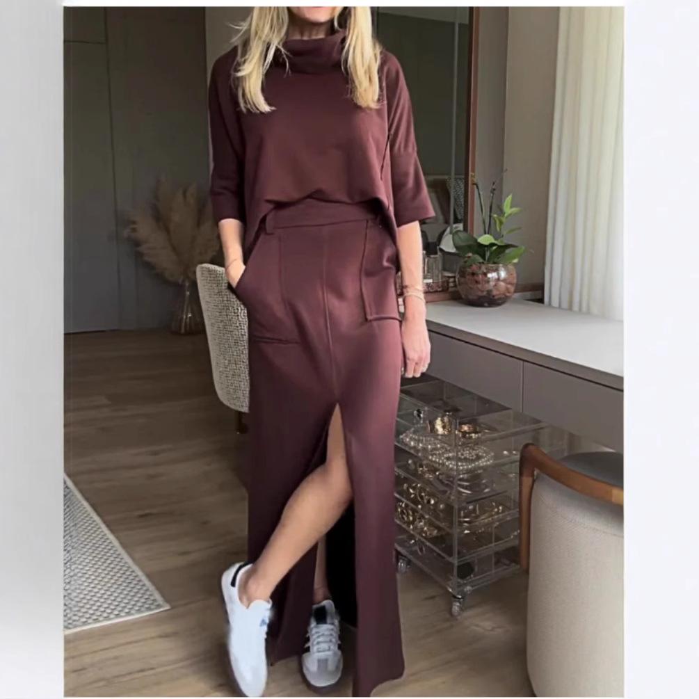 New Women's Autumn and Summer Solid-color Casual Loose Pocket Sweatshirt Straight Skirt Set