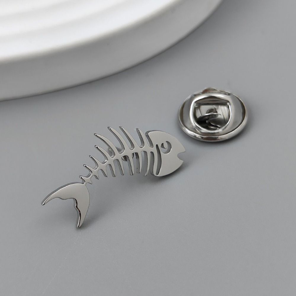Stainless Steel Men's Collar Brooch Hollow Design Fish Skeleton Lapel Pin  Formal Wear