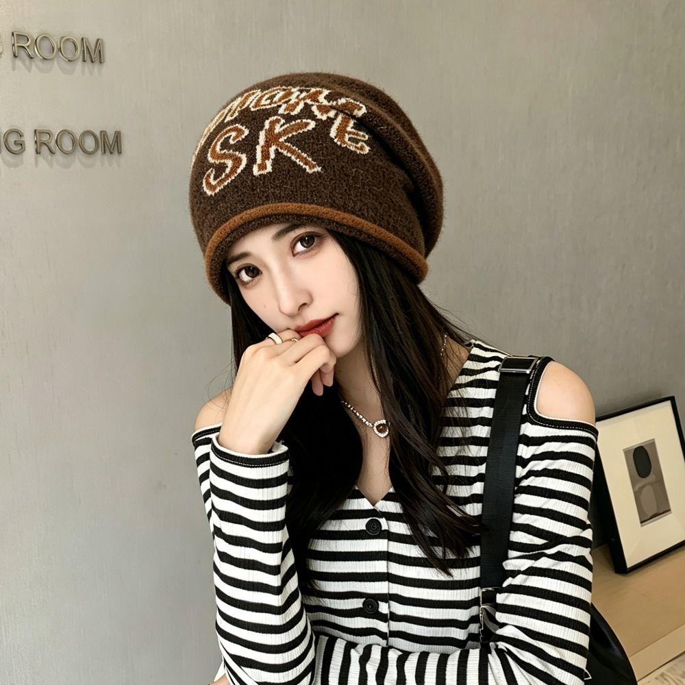 Jacquard Letter Beanie Knitted Hat Windproof Bucket Hat Versatile Beanies Hat Autumn Winter