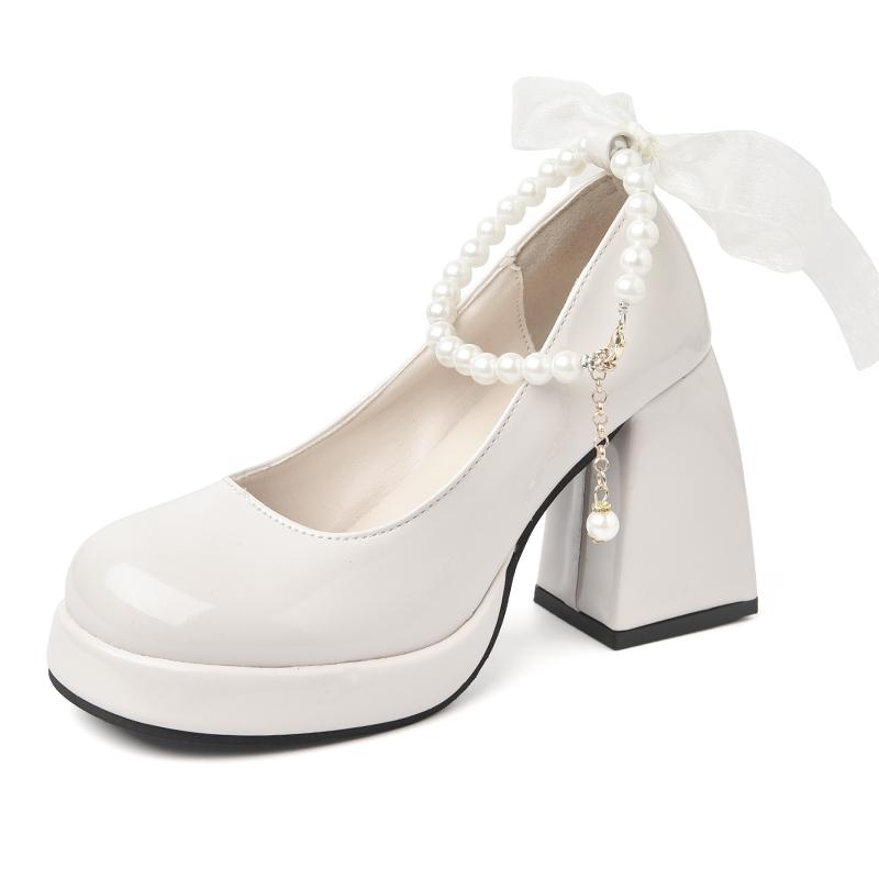 Luxury Women High Heels Elegant Bow Square Toe Women Mary Jane Shoes Pearl Lace Party Wedding Shoes Fashion Platform Women Pumps