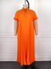 Plus Size Women's Orange Pleated Lapel Dress - Loose, Slimming, Long, Casual Skirt