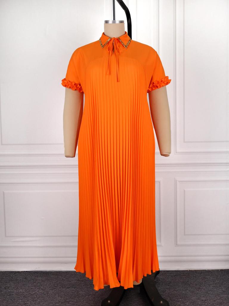 Plus Size Women's Orange Pleated Lapel Dress - Loose, Slimming, Long, Casual Skirt