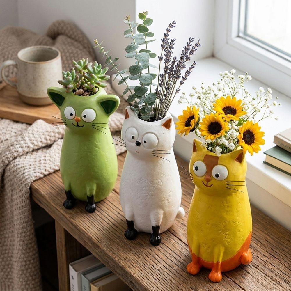 Unique Cat Shaped Flower Vase Aesthetic Quirky Cat Planter Creative Art Cat Bud Vase Office Decor