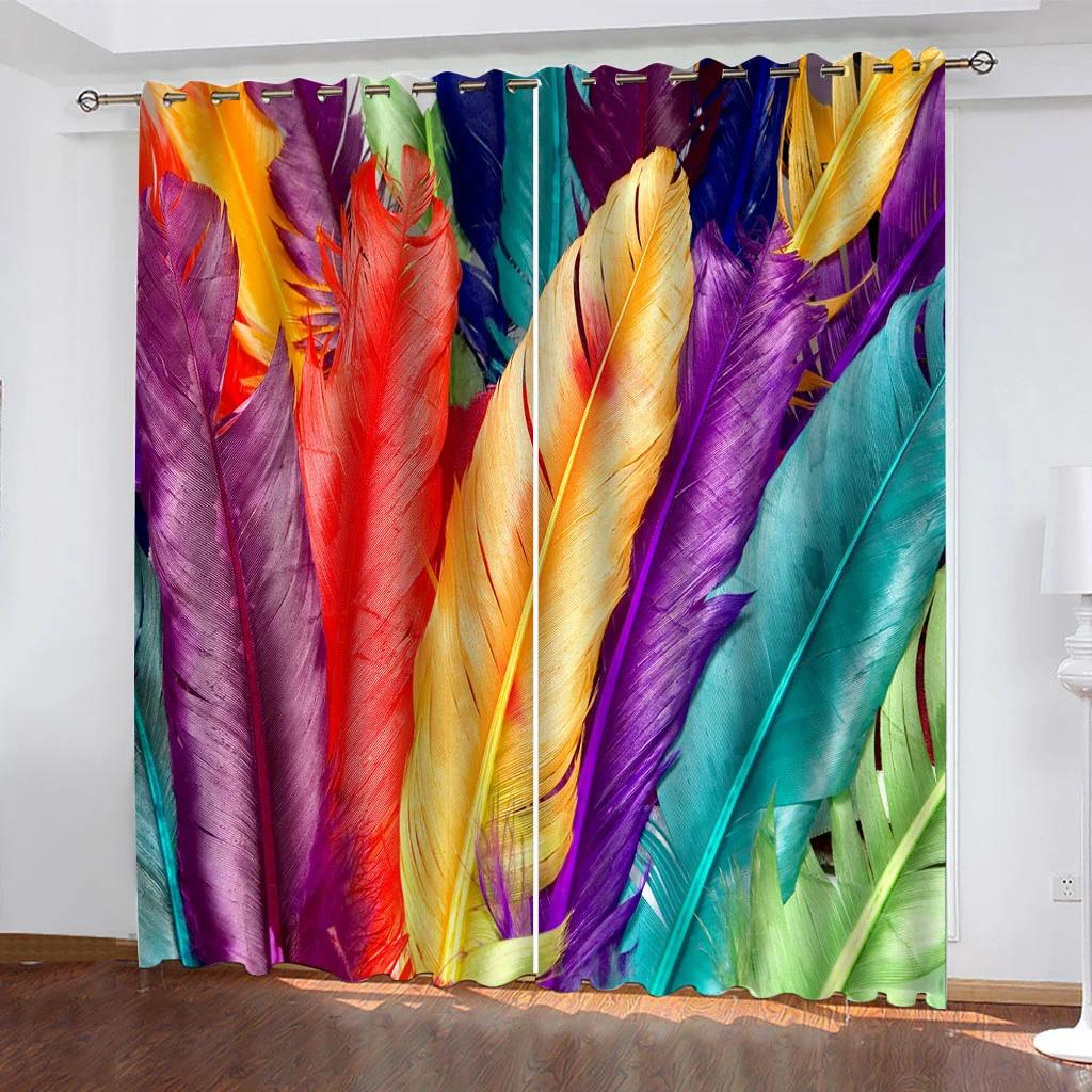 Curtain For Kids Room 3D Feather Print Bedroom Curtains Set, Curtains For Living Room Window Treatment Drapes 2 Pieces