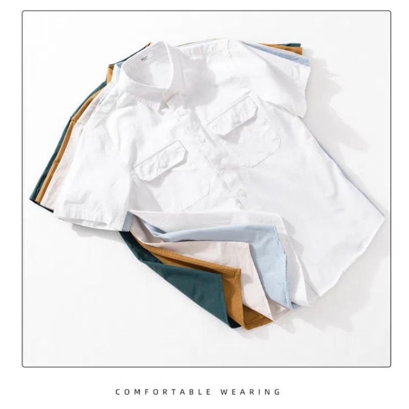 Summer Cargo Short Sleeve Shirt Men Japanese Style Workwear Men Tops Slim Fit 100cotton Casual Shirt Comfort