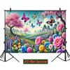 Fröhlicher Frühlingswiesen-Banner, Lebendige mehrfarbige Schmetterlinge und Blumen unter einem strahlend blauen Himmel, Verspielte Frühlings-Wandkunst