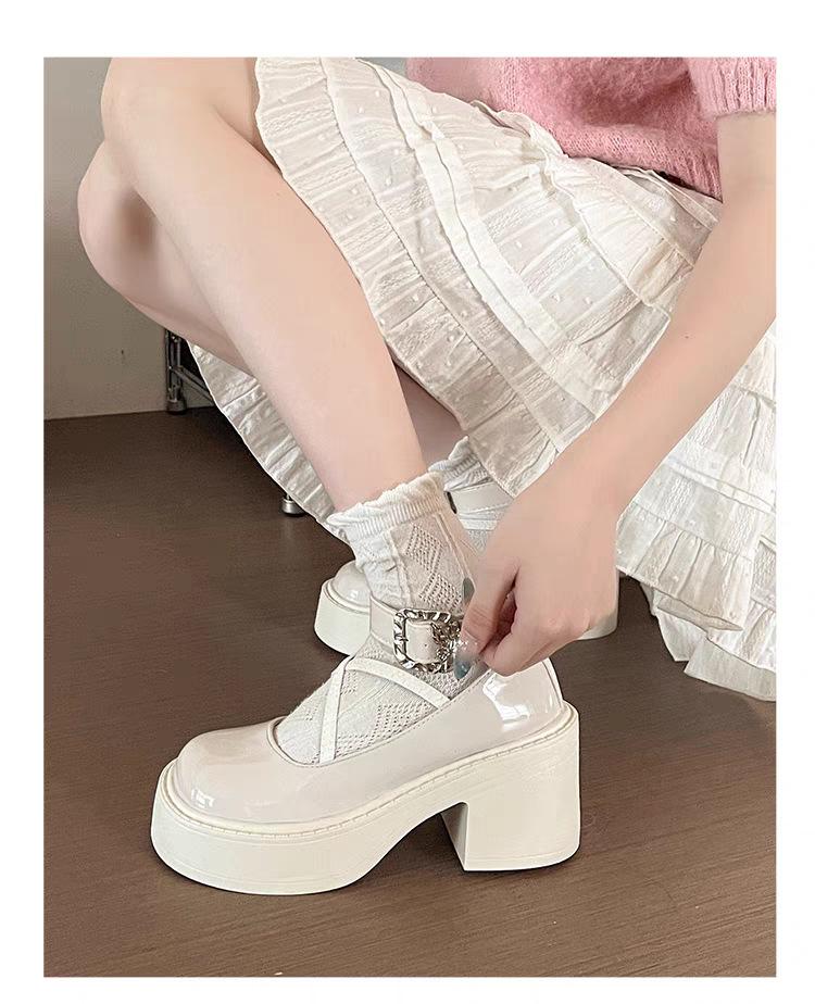 

High Heels for Women 2026 Spring/fall New Round Head Ankle Metal Buckle Loafers Comfortable Stylish Chunky Heel Mary Jane Shoes 35
