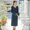 One Ambu Knit Beautiful Long Office Beige Women's Dress, V-Neck, Sleeves, Casual, I-Line, Loungewear, White,