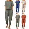 2 Pcs/Set Women Top Pants Set Round Neck Solid Color Short Sleeves T-shirt Lace-up