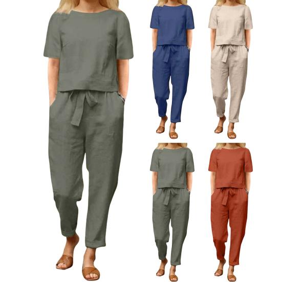 2 Pcs/Set Women Top Pants Set Round Neck Solid Color Short Sleeves T-shirt Lace-up