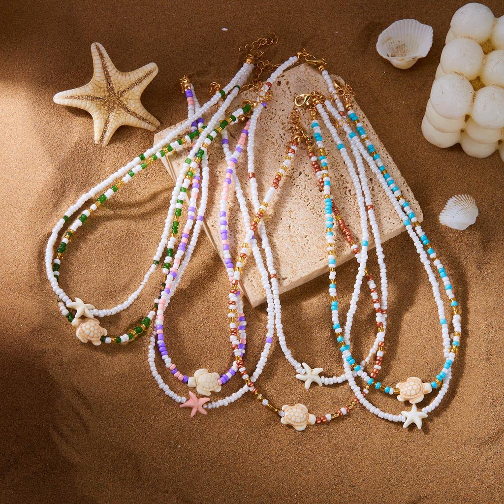 Bohemian Doppelperlen Seestern Schildkröte Anhänger Halskette für Frauen Bunte Samenperlen Schlüsselbein Kette Choker Strandparty Schmuck