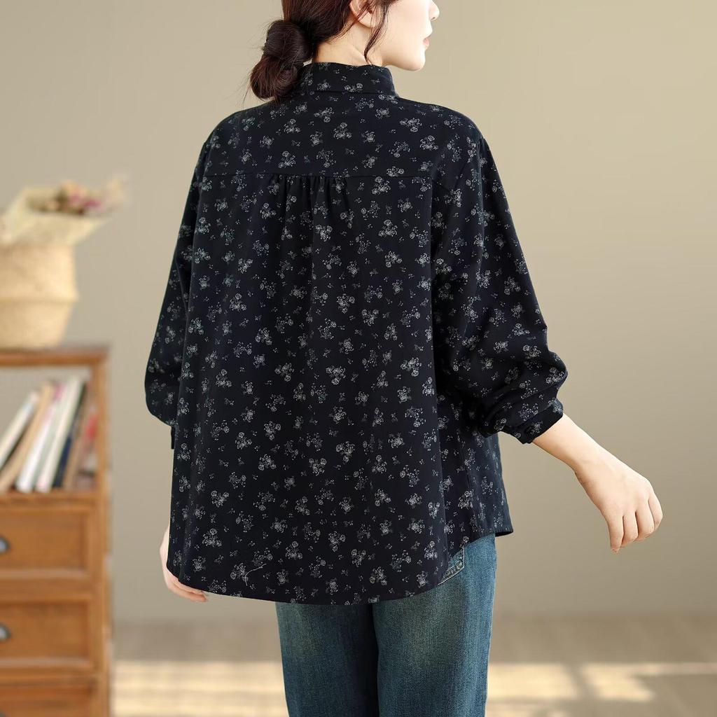 Women's Long Sleeve Retro Floral Cotton Shirt - Loose Fit, Slimming Temperament, Thickened Base Layer