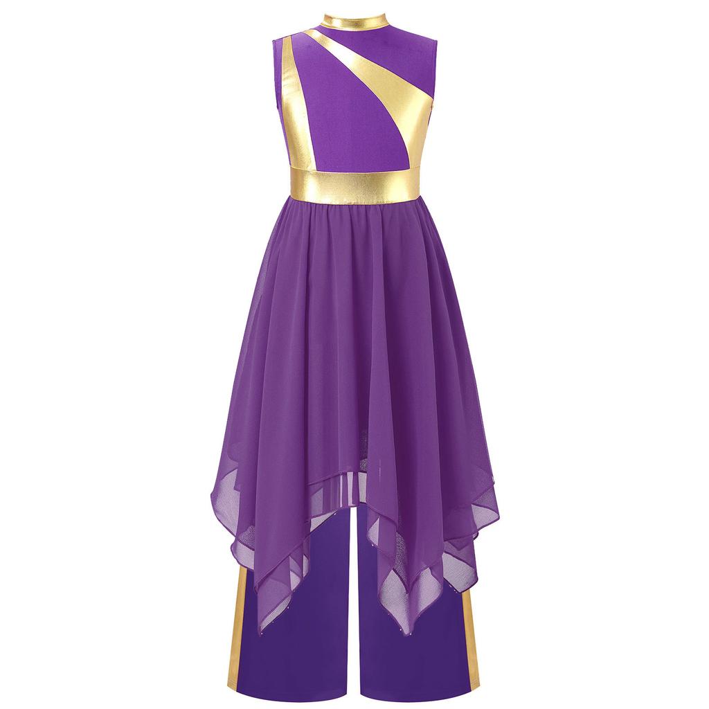 Girls Liturgical Praise Lyrical Dance Outfit Metallic Patchwork Sleeveless Asymmetrical Hem Dress Wide Leg Pants Set