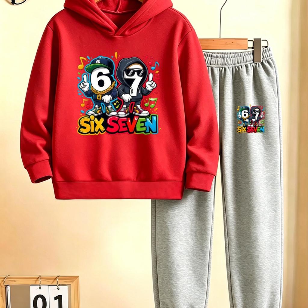 New autumn/winter 2-piece tracksuit set: hooded sweatshirt + long pants, featuring a Halloween-themed SIX SEVEN 67 print.