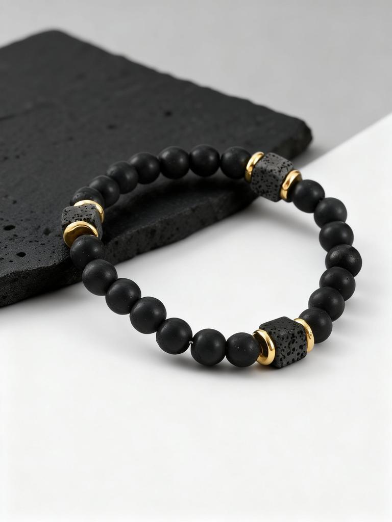 Mountain Stone Black Bead Bracelet for Men,8mm Black Agate Beaded Bracelet,Trendy Jewelry GIft