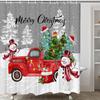Christmas Winter Shower Curtain, Snowman with Red Truck Shower Curtain Set for New Year Bathroom Decor, Xmas Ball Tree Festival