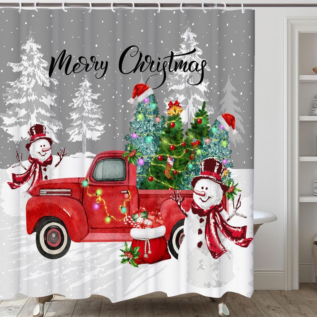 Christmas Winter Shower Curtain, Snowman with Red Truck Shower Curtain Set for New Year Bathroom Decor, Xmas Ball Tree Festival