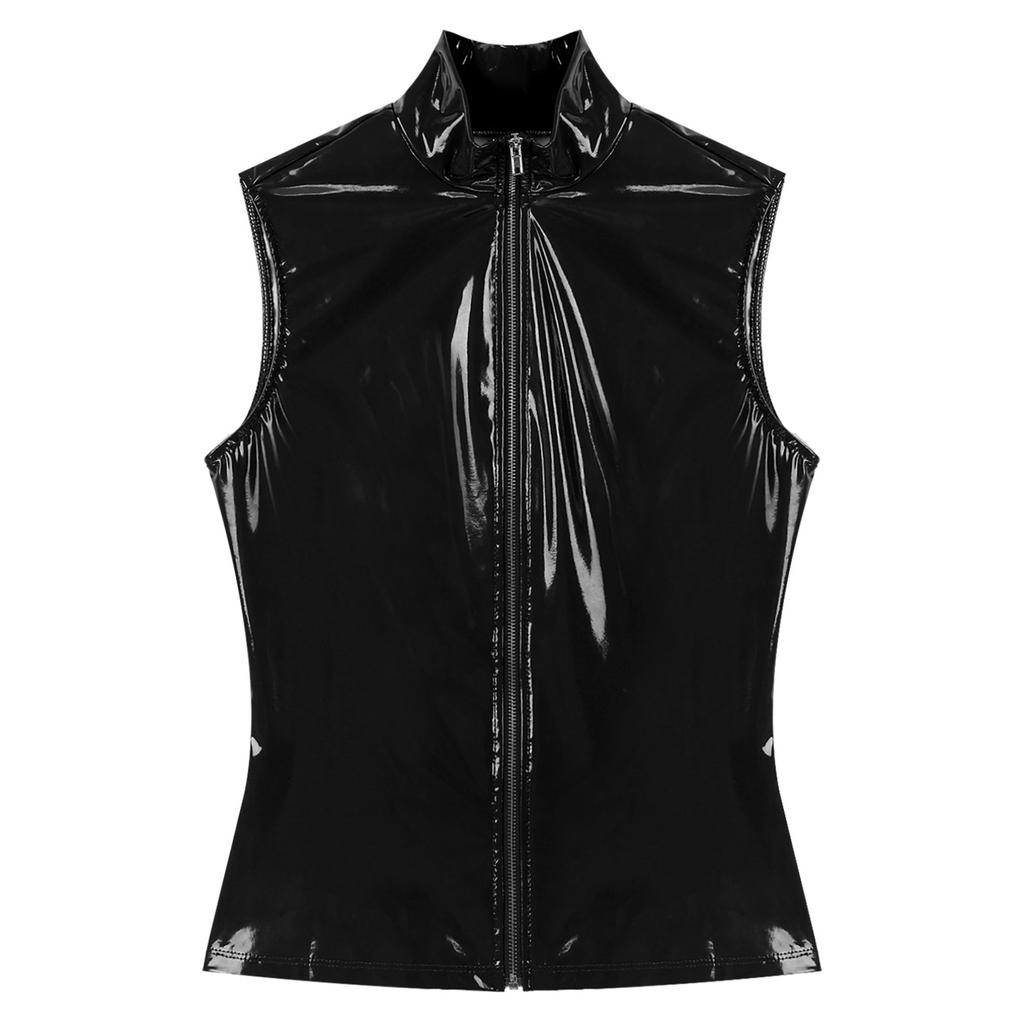 Mens Fashion Zipper Sleeveless Jacket Wet Look Patent Leather Stand Collar Vest Tops Clubwear