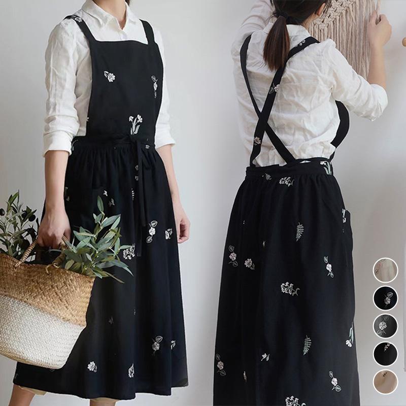 Baumwoll-Leinen-Bestickte Schürzen Latzkleid Kreuzrücken Latzschürze Mit Taschen Zum Kochen Gartenarbeit Backen Malen Café