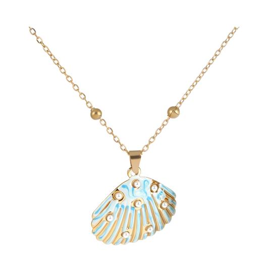 Enamel Shell Pendant Necklace Shell Charm Faux Pearl Necklace