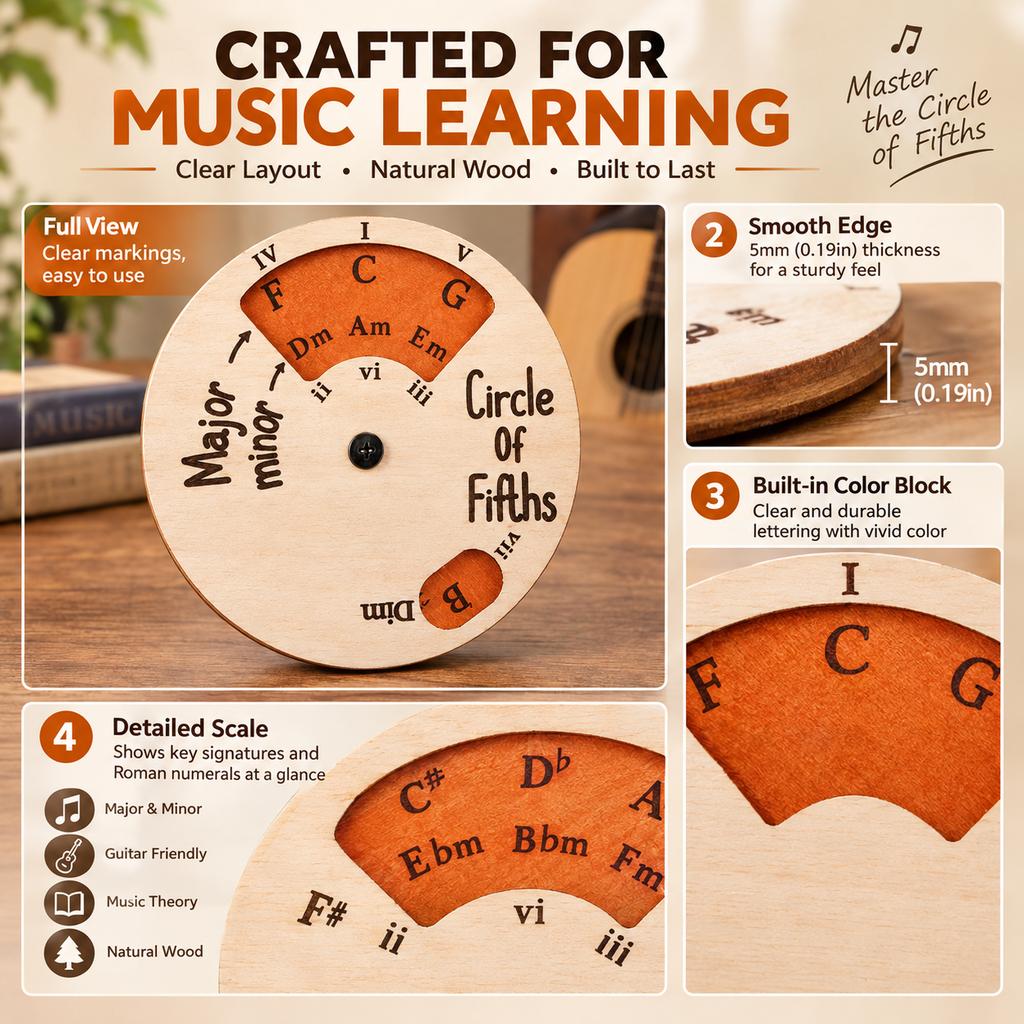 Wooden Circle of Fifths Wheel 12cm Guitar Chord Theory Tool