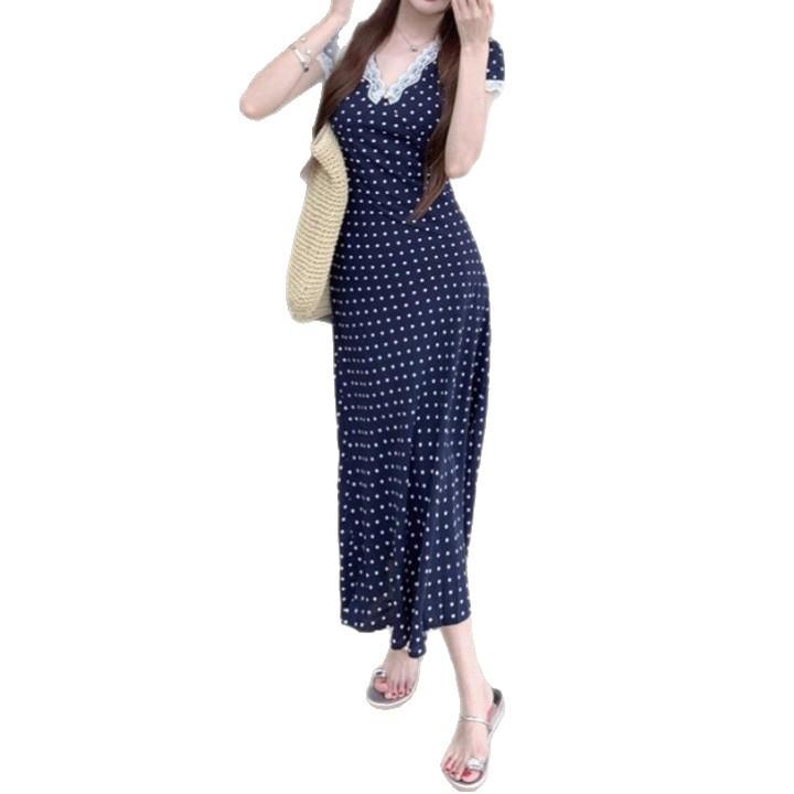 French retro popular polka dot dress, new lace temperament summer dress, slim and thin waist