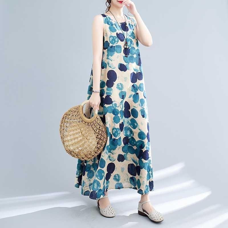 Long Skirt Summer New Sleeveless Round Neck Printed Mid Length Dress
