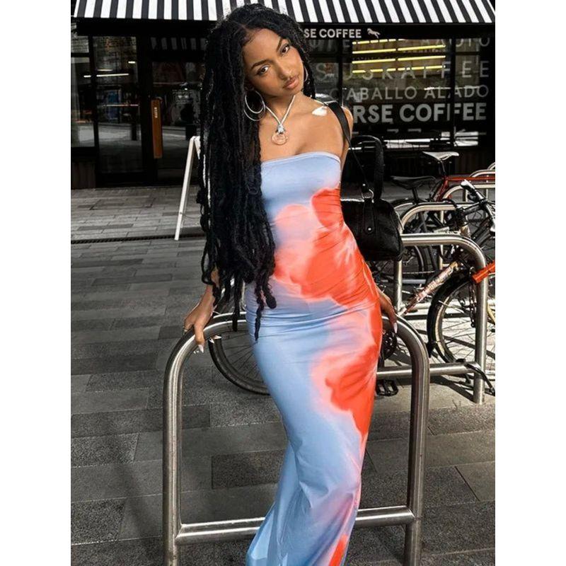 Women's Printed Strapless Split Hip Dress Floral Print Slit Sheath Dress