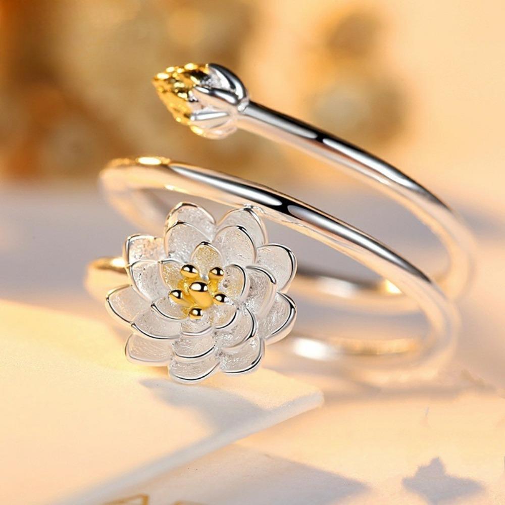 

Open Ring Silver Lotus Flower Ring for Women Minimalist Adjustable Boho Jewelry Creative Silver Accessory