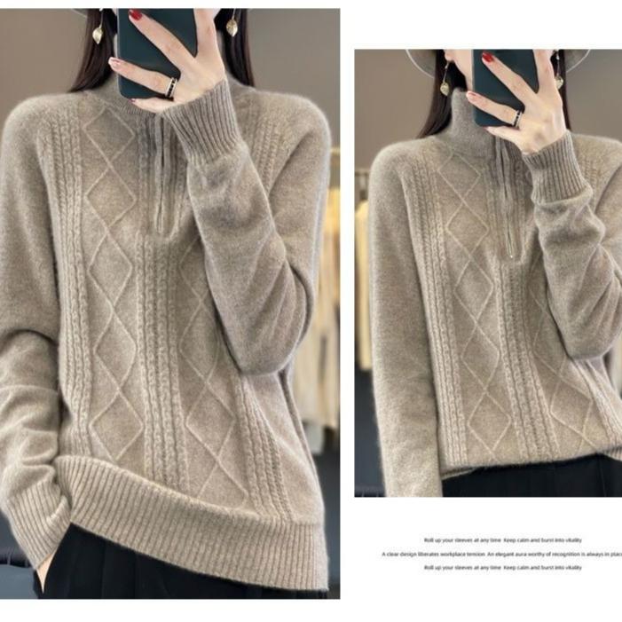 Autumn Winter Women's Stand Collar Sweater Solid Color Pullover Sweater Knit Top