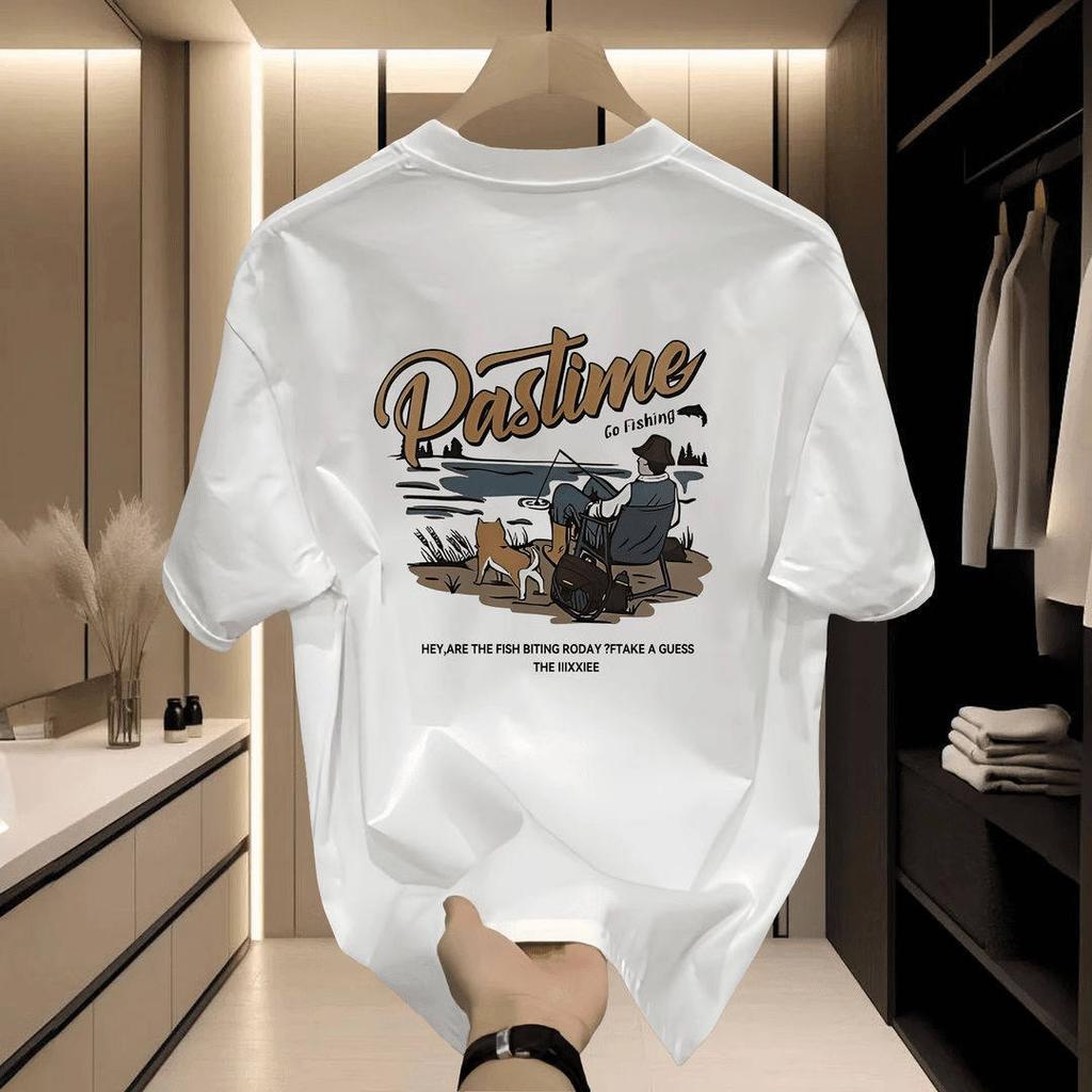 Cotton Short-Sleeved T-Shirt Men'S American Retro Half-Sleeved Student Top Boys Crew Neck Pattern Print Japanese