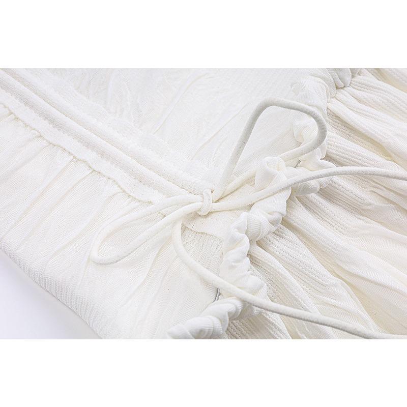 GMXIA Summer Sexy Low-cut Square Neck Halters Lace Design Sense Short Sleeve Pleated Dress Women