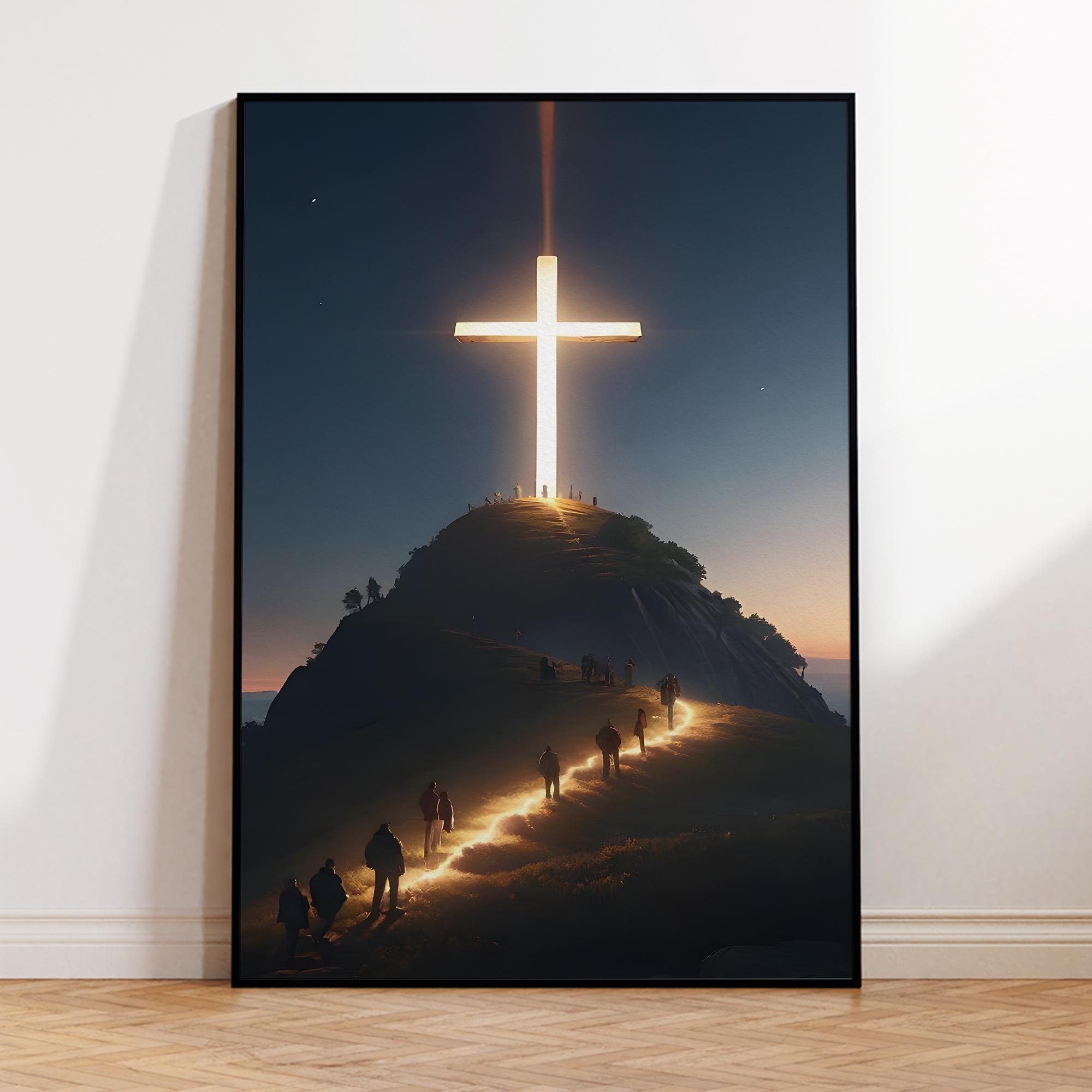 Modern Christian Cross On The Top Of The Mountain Wall Art Canvas Painting Jesus Believers Posters For Room Home Church Decor 21X30CMNo Framed