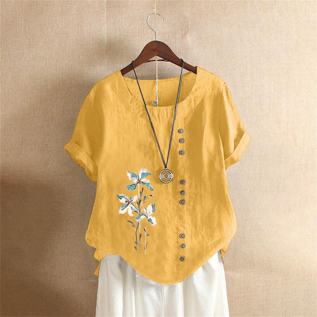 Women Cotton Linen Floral Boho Tops T Shirt Summer Short Sleeve Loose Blouse Tee Clothing