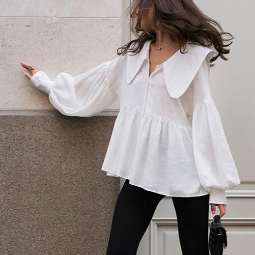French Sweet Loose Doll Collar Shirt Women's Autumn New Design Sense Age-reducing Fashion Pleated Bubble Sleeve Top