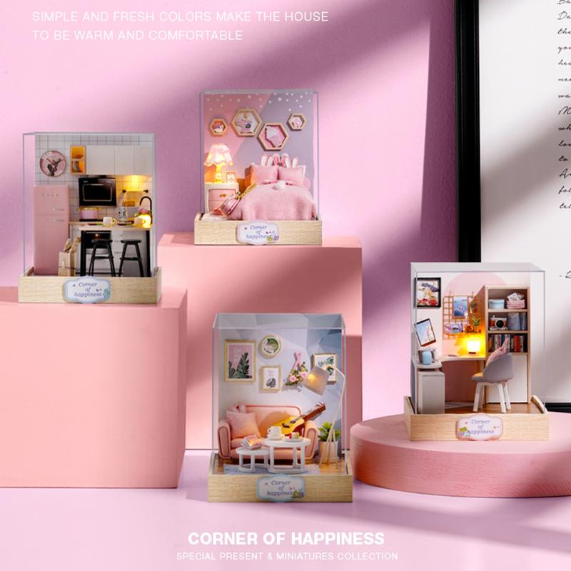 Mini casă de păpuși în miniatură Kit de bricolaj pentru casă mică, jucării de cameră, puzzle din lemn, artizanat, decorațiuni pentru dormitor, cu mobilier, casă de păpuși