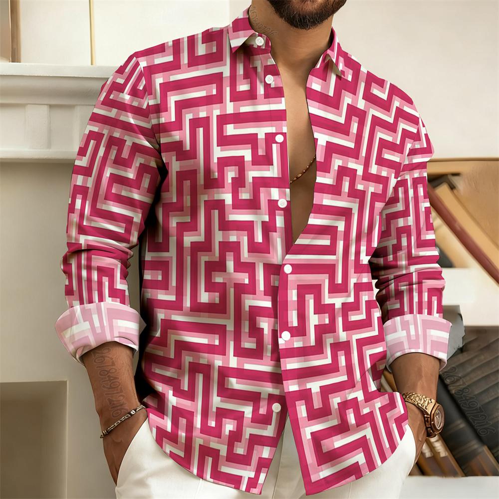 Herren Langarm Poloshirt, Vintage Print Stil mit Griechischem Schlüsselmuster, Elegantes, Bequemes und Stilvolles Herren Oberteil