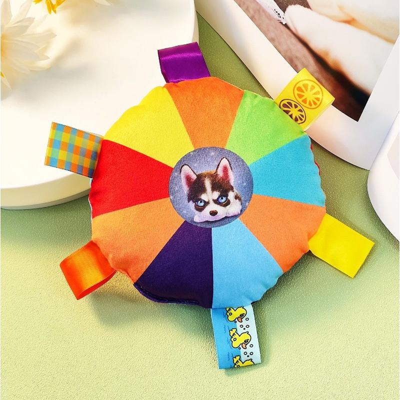 Rainbow Husky Print Squeaky Dog Toy with Ribbons – Soft Plush Interactive Puppy Chew Toy